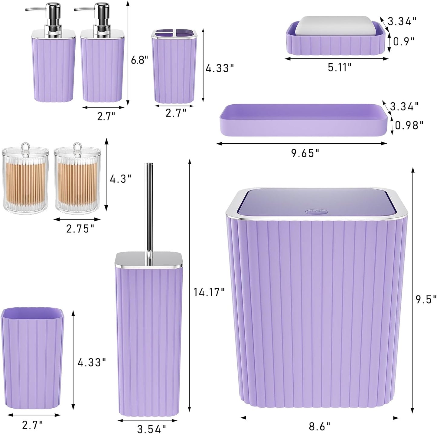 Bathroom Accessories Set - Gorgeous Purple Bathroom Set, 10PC Bathroom Accessory Set, Toilet Brush, Trash Can & Soap Dispenser