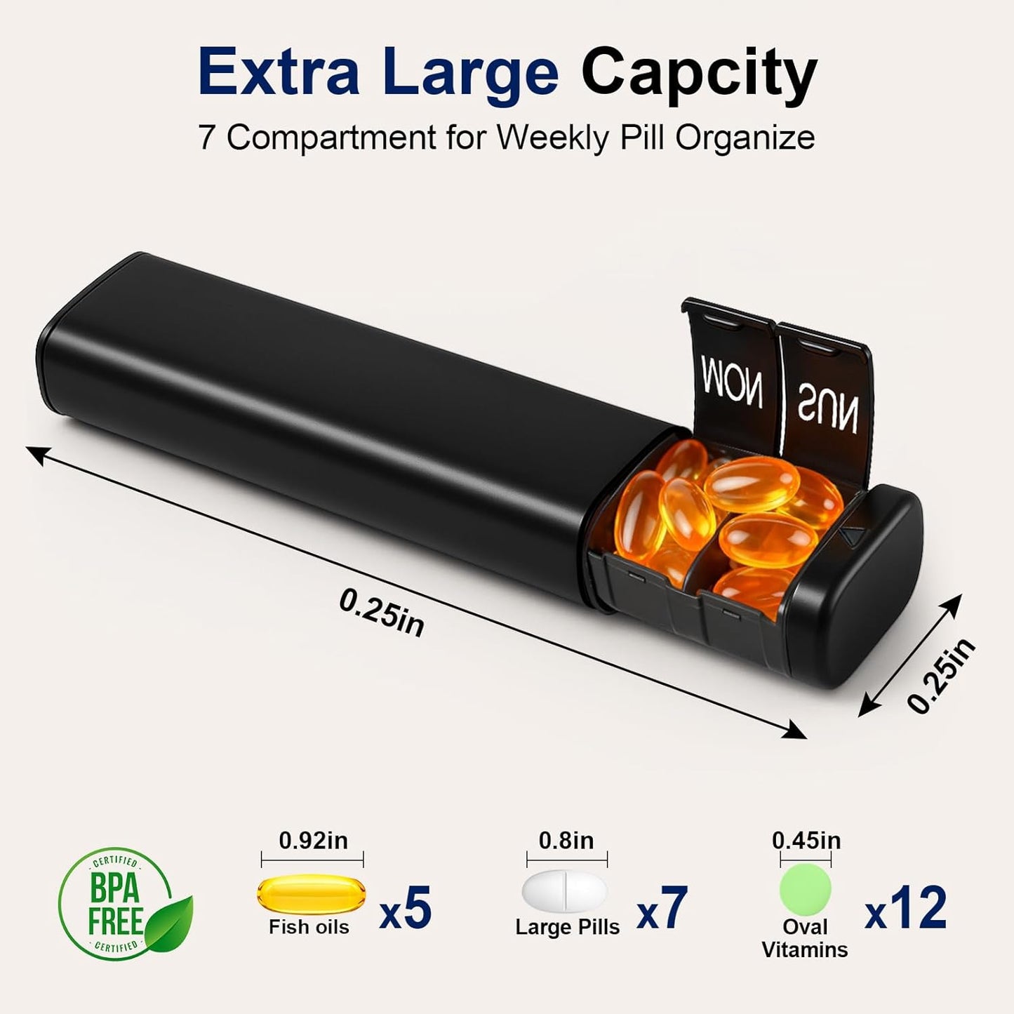 Large Weekly Pill Organizer, Travel Safe 7-Day Pill Organizer 1 Time a Day, Portable Secure Medicine Vitamin Holder Dispenser for Fish Oil, Supplements, Lightproof | Sleek Slim Design | On-The-Go