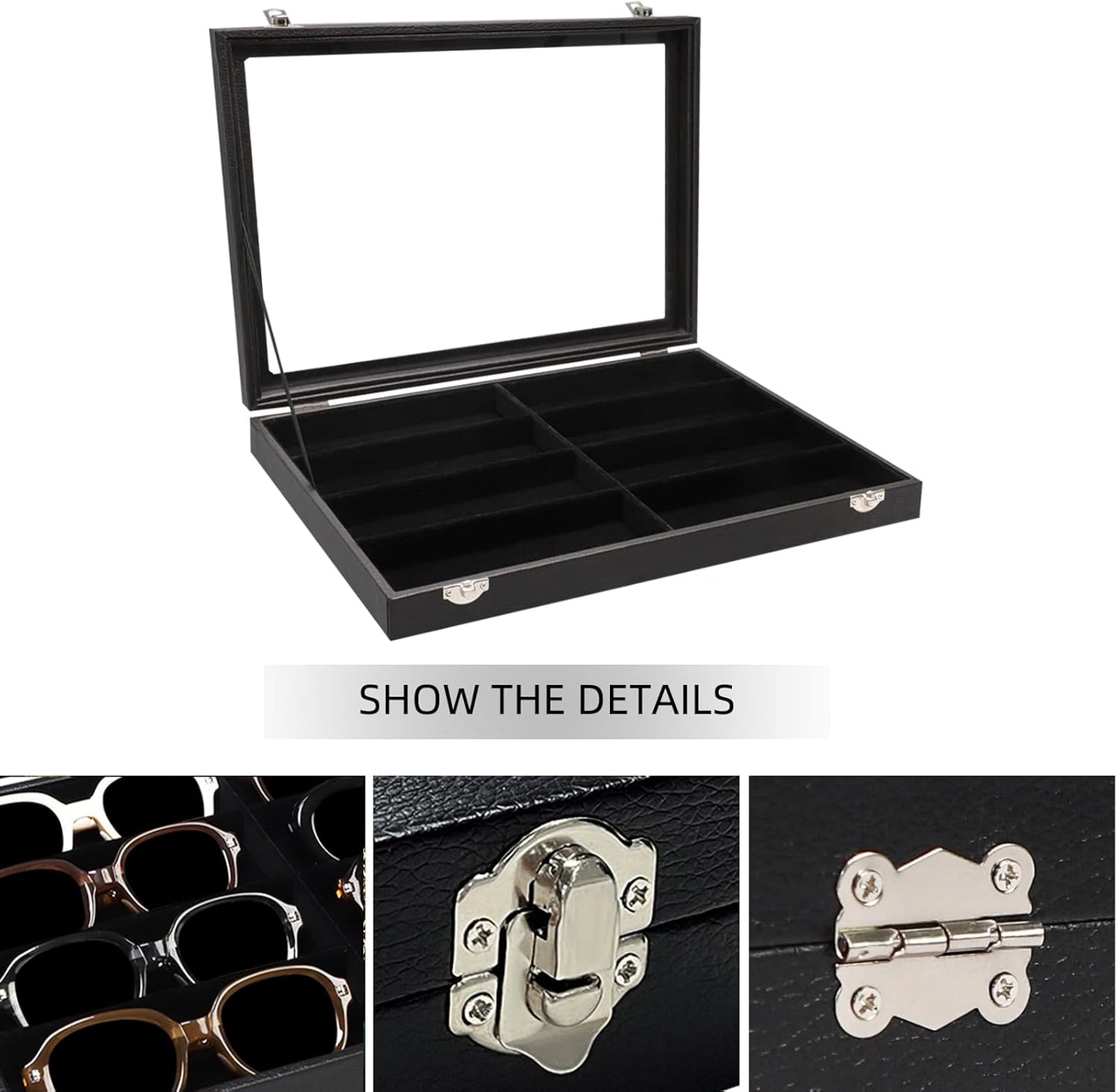 Wudygirl Jewelry and Sunglass Organizer - 8 Slot Storage With Clear Lid, Leather Eyeglasses Display for Women and Men (8 Grid)