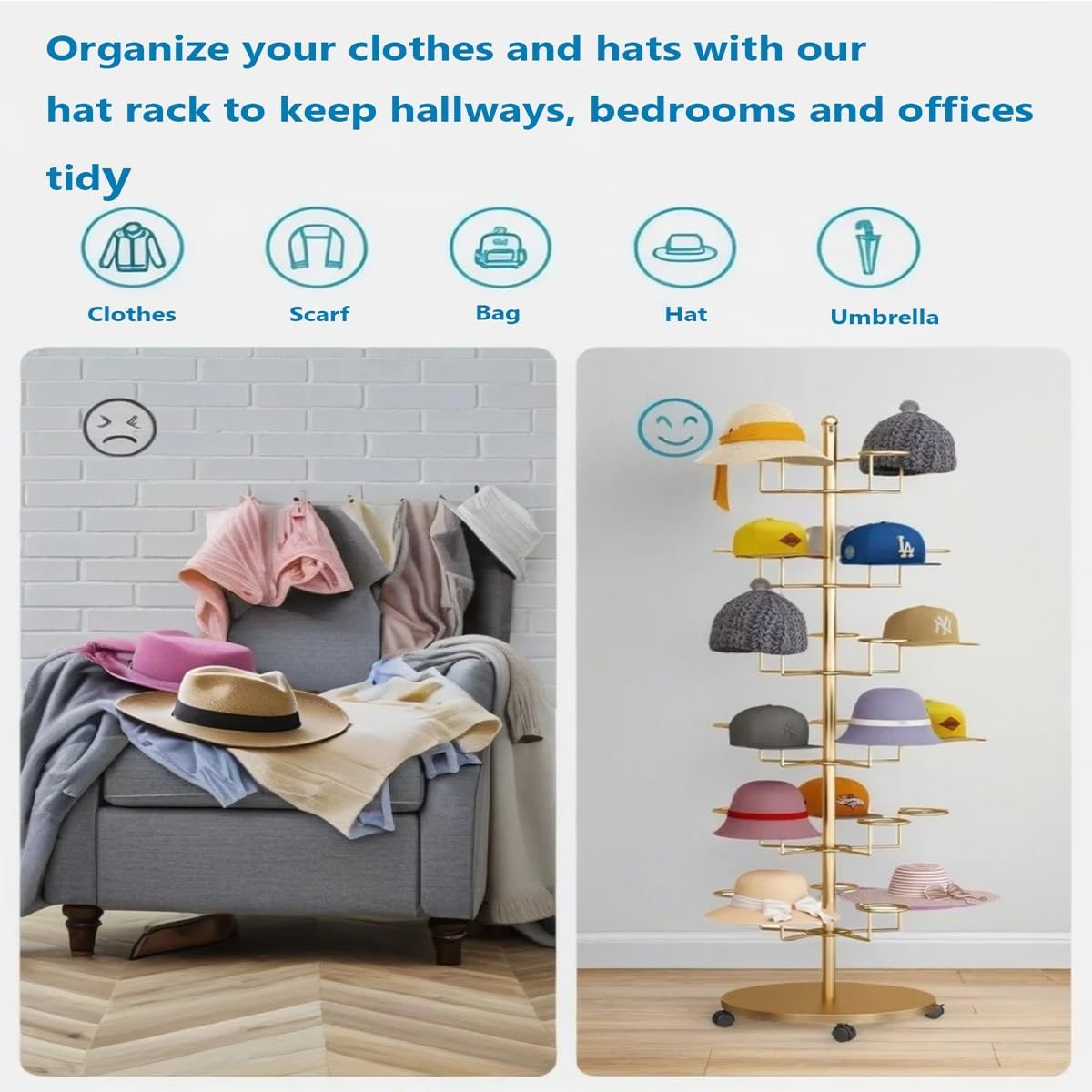 Hat Rack Stand 30-Hooks, Hat Display Stand Metal,Hat Display for Stores， Home or Store of Standing hat Rack(Black,6th Floor)