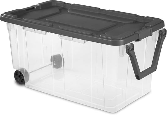 160 Qt Durable Clear Storage Box,Storage Bins With Wheels, Moisture-Proof Buckle Cover,Handle, Wheels, Stackable Design, Anti-Slip Lock Buckle, Suitable For Home Storage, Garage,Gray