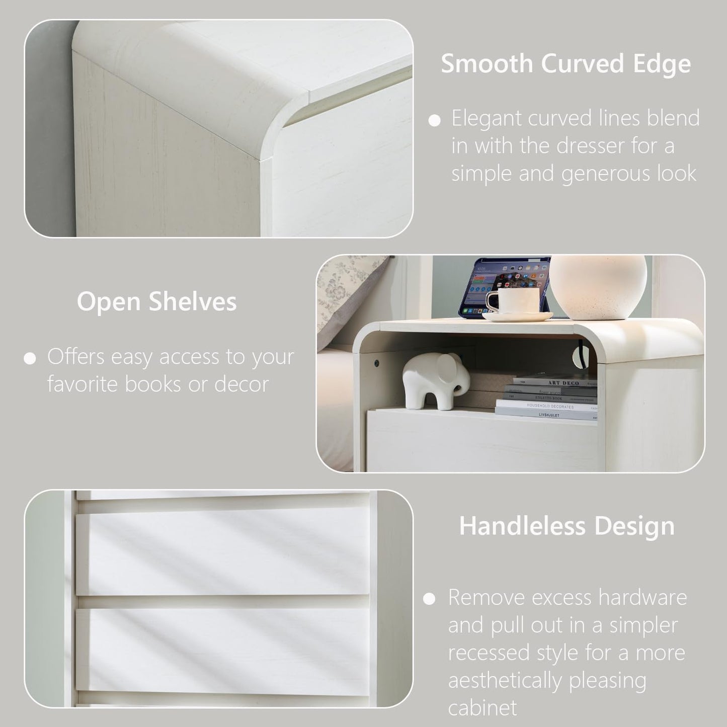 25" Tall Modern Nightstand with Charging Station, 23.6'' Wide Wood Bedside Table w/2 Storage Drawers, Large Mid Century End Table for Bedroom, Living Room, Curved Profile Design, White