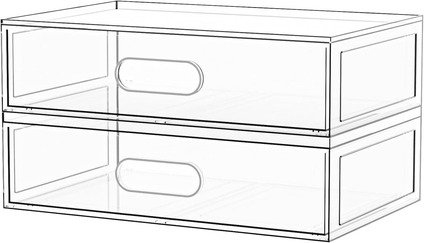 2 Pack Clear Makeup Storage Drawer, 12''W Stackable Bathroom Organizers and Storage Drawer, Acrylic Cosmetic Display Case For Vanity, Undersink, Cabinets, Desk Organizer