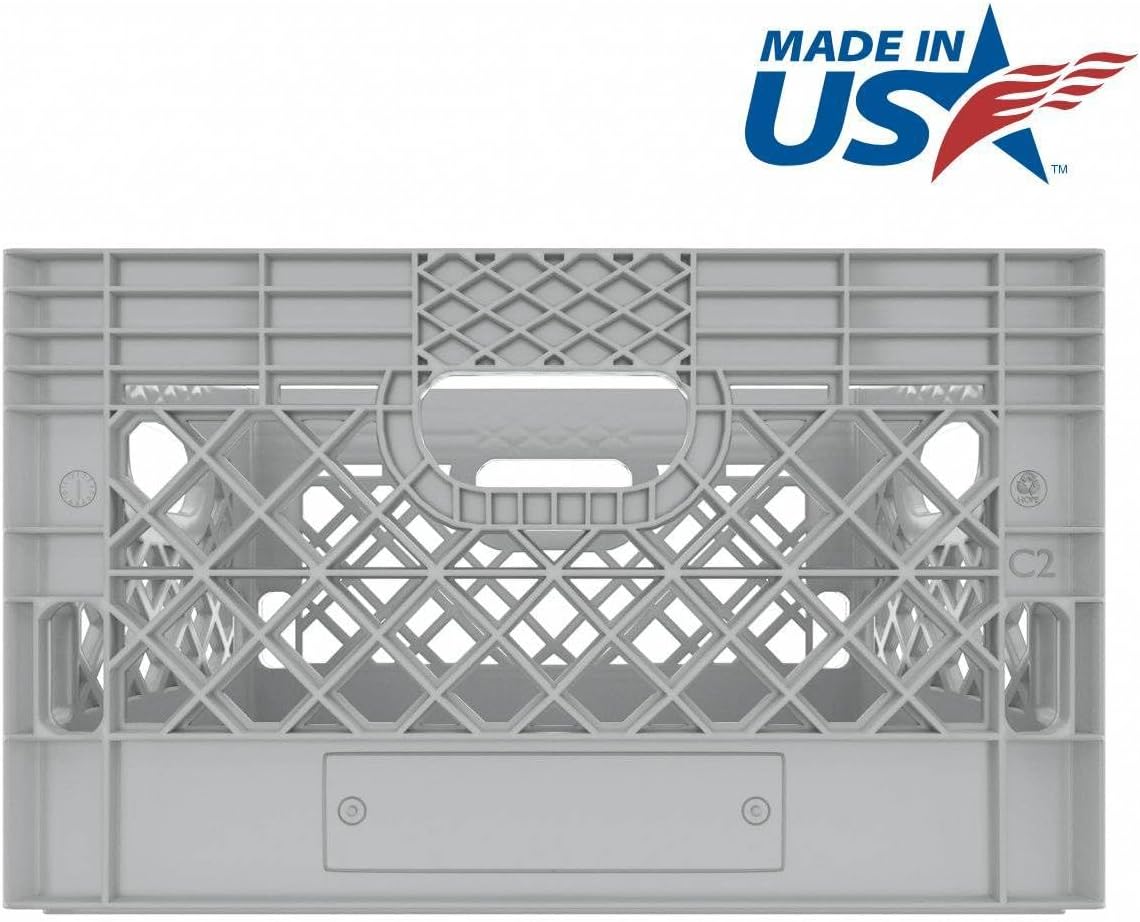 Heavy Duty Plastic Storage Milk Crates, Stackable Utility Organizer Bins, 19x11x13 Inches, 6 Pack, Made in USA, 24 Qt/6 Gallon Capacity (Gray)
