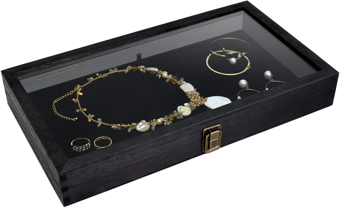 MOOCA 2 Pcs Wooden Jewelry Display Case, Pocket Knife Display Case with Tempered Glass Top Lid and Removable Black Luxurious MDF Velvet Jewelry Pad, Black Color