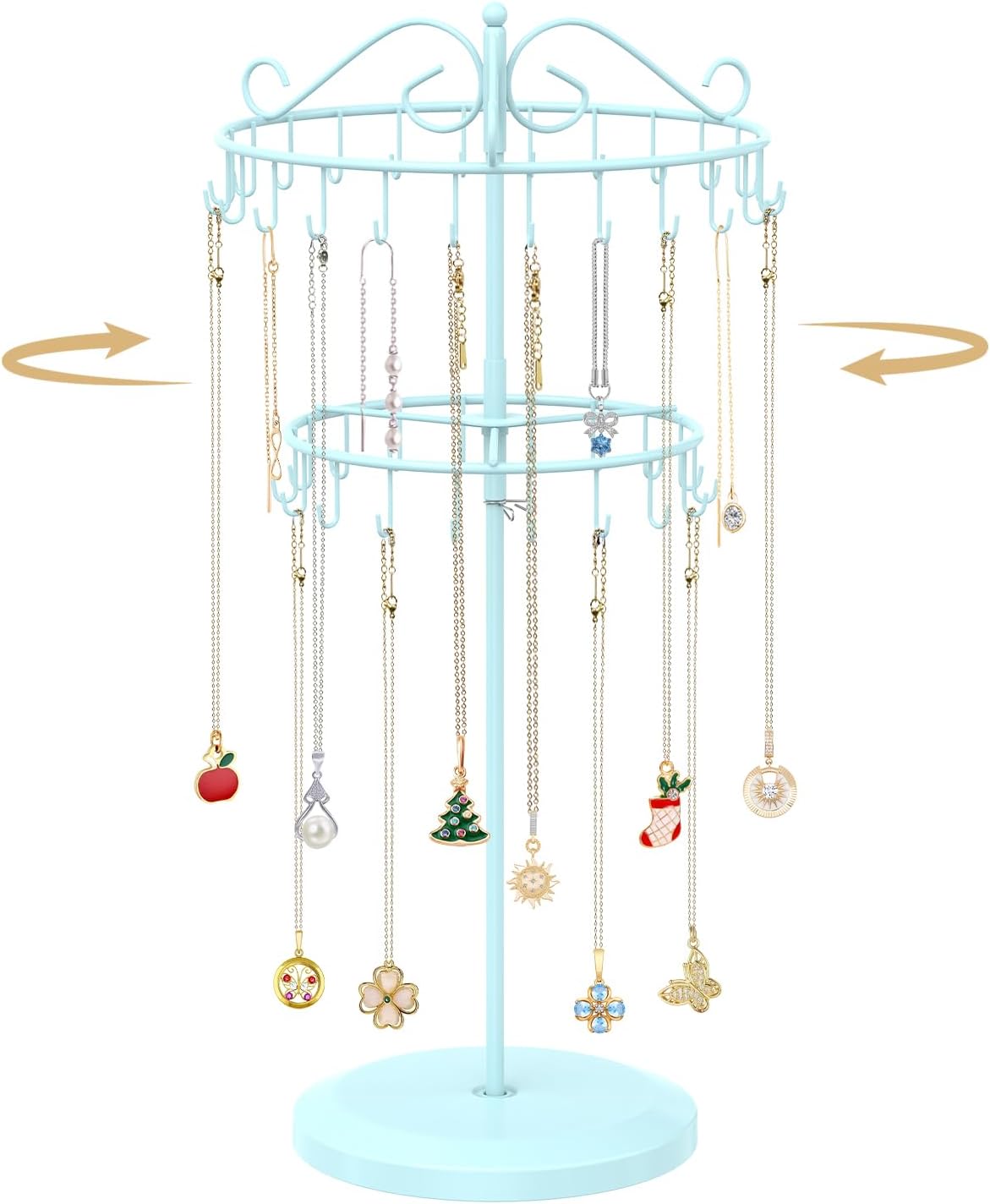 MODOWEY Rotating Necklace Holder Organizer Display Stand with 42 Hooks, 2 Tier Adjustable Metal Tree for Long Necklace Hanger Selling, Tall Spinning Bracelet Storage Rack for Men Women, Blue