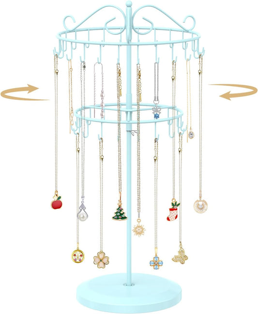 MODOWEY Rotating Necklace Holder Organizer Display Stand with 42 Hooks, 2 Tier Adjustable Metal Tree for Long Necklace Hanger Selling, Tall Spinning Bracelet Storage Rack for Men Women, Blue