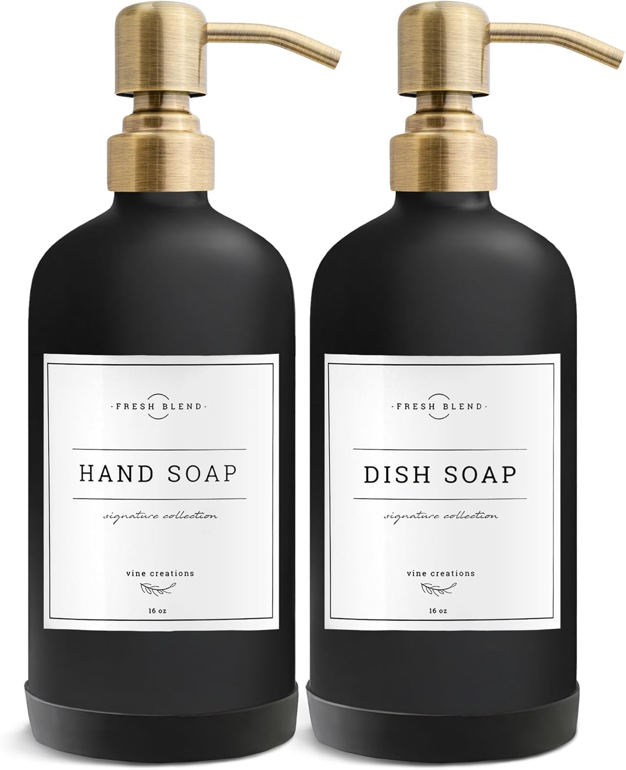 Vine Creations Black Glass Soap Dispenser, 2 Pack Kitchen Soap Dispenser Set with Stainless Steel Pump, 16 oz Dish Soap and Hand Soap Dispensers for Bathroom with Waterproof Labels