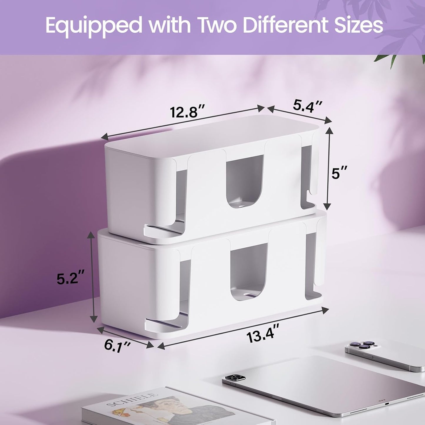 Delamu 2 Pack Cable Management Box, Stylish Cable Organizers for Cords, Pet & Child-Proof ABS Cord Hider Box, Medium and Small Cable Box for Computer Router Box Hider USB Hub, Floor Cord Covers, White
