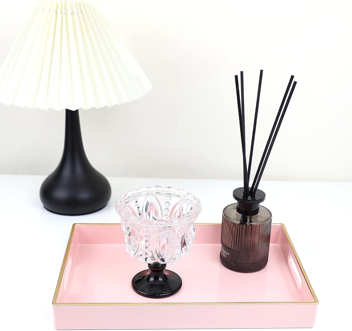 Spsyrine Pink Bathroom Vanity Tray with Handles for Dresser Tops, Countertop, Perfume Decorative Tray, 11.8” * 7.87” *1.37”