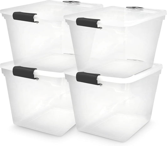 HOMZ 4-Pack Latching Lid, Large Clear Plastic Storage Bins with Lids, 31 Quart, Gray Latch - Stackable Container Boxes for Home, Bathroom, and Office Organization