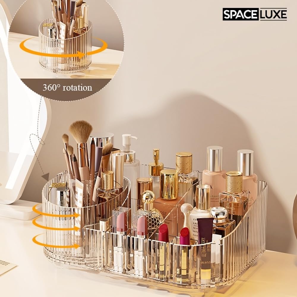 Makeup Organizer with Drawers and 360° Rotating Brush Holder, Large Capacity Cosmetic Storage for Vanity, Skincare, Perfume, Hair Accessories, Lipstick & Jewelry (Clear, 2-layer)