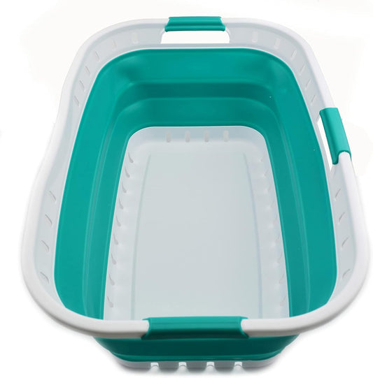 SAMMART 44L Collapsible Plastic Laundry Basket - Foldable Pop Up Storage Container/Organizer - Portable Washing Tub - (1, White/Bluish-Green), Size : 25.4 x 17.3 x 10.2 inches