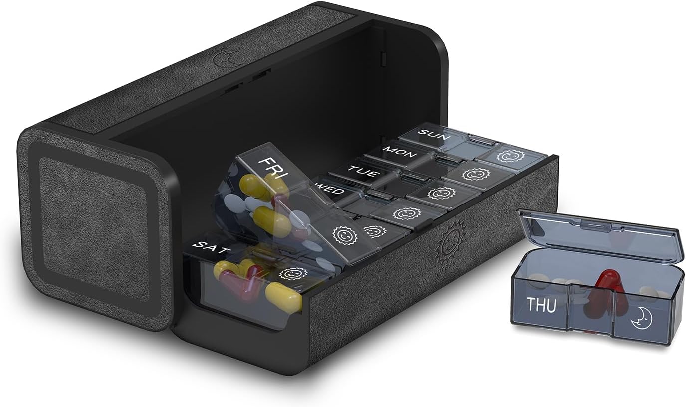 Pill Organizer 2 Times a Day, Am Pm Twice Daily Pill Case, Detachable Large Travel Pill Box 7 Day, Weekly Pill Container for Vitamin Medicine Supplement Fish Oil (Black)