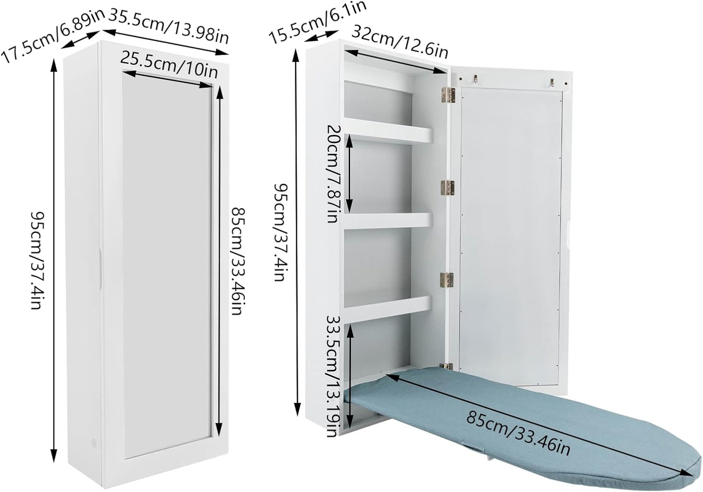 Wall Mounted Ironing Board Cabinet,Foldable Hanging Ironing Board with Mirror,Compact Mount Fold Down Iron Board for Small Spaces White