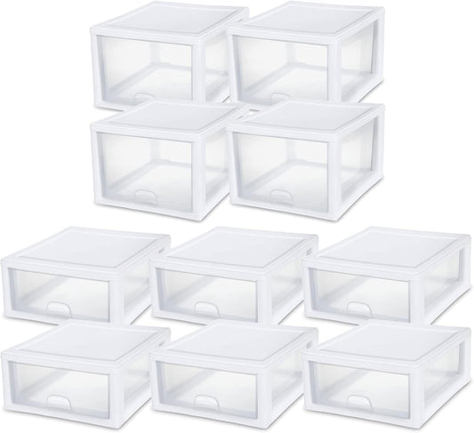 Sterilite 27 Qt (4 Pack) and 16 Qt (6 Pack) Clear Plastic Stackable Organizer Drawers, White