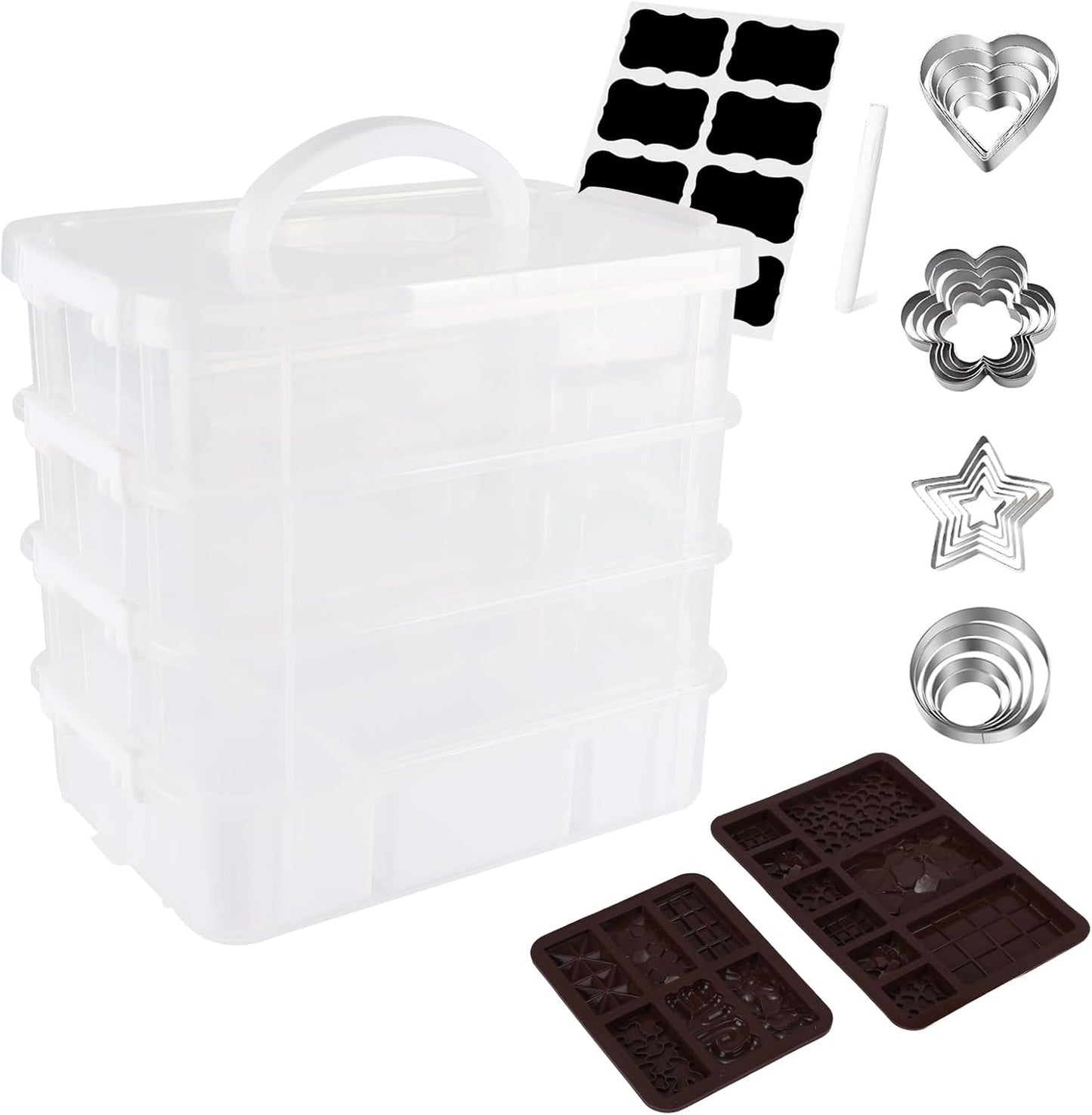 4 Pack of Cookie Cutter Storage with Chocolate Cookie Mold,Handheld Transparent Cookies Cutter Organizer Storage with a Sticker and a Pen,Cover To Prevent Dust,Can Be Used Alone or Hidden for Stacking