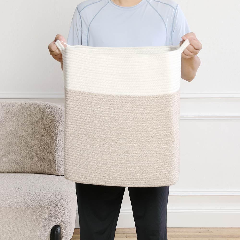 Tall Laundry Basket With Handles,Woven Cotton Rope Big Laundry Hamper Sorters,Versatile Storage for Dirty Clothes,Baby Toys,and Blankets in Bathroom, Nursery,and Living Room (White Brown, 80L)
