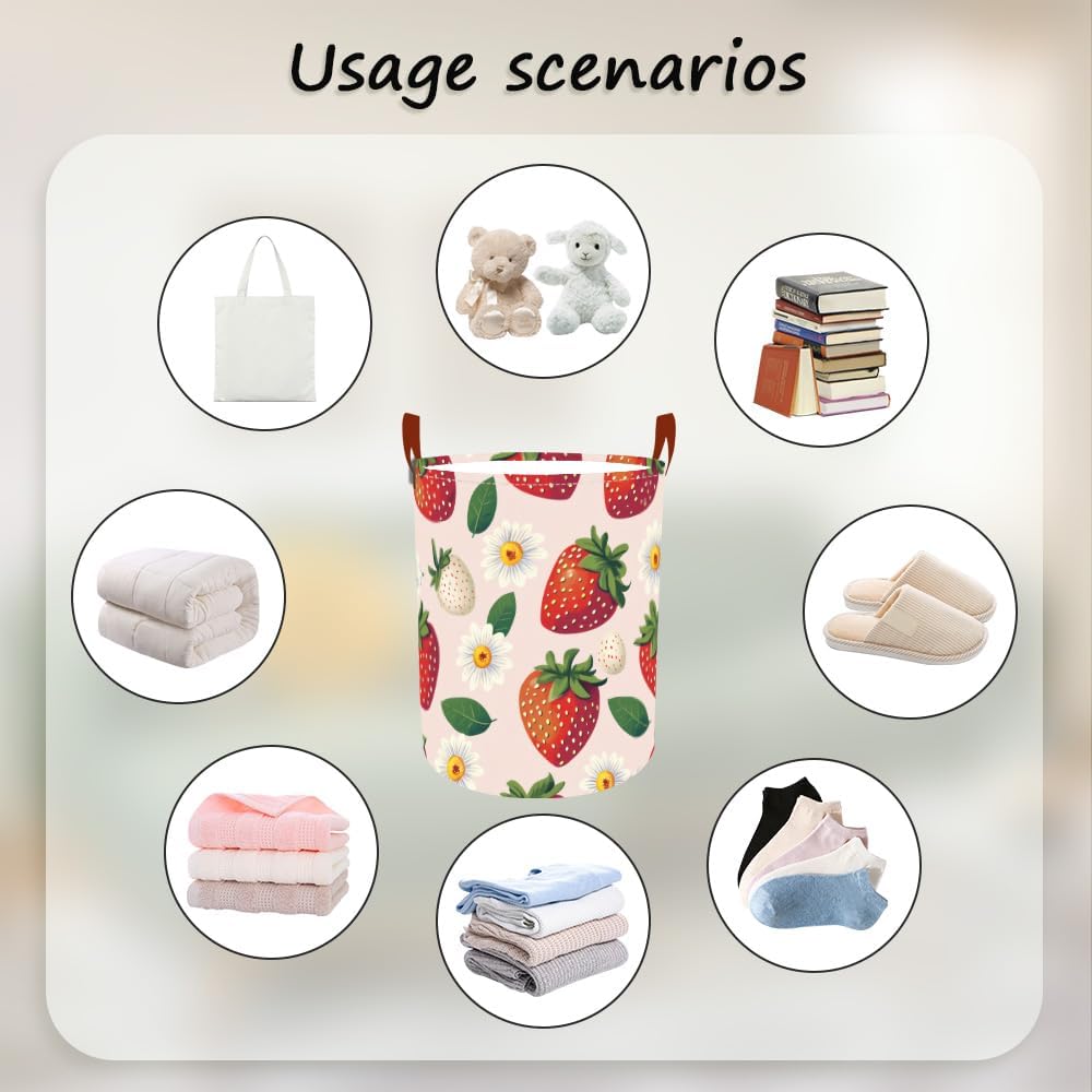 Laundry Baskets 15.7x19.7 Inch Large Strawberry Daisy Design Collapsible Laundry Hamper with Handles Oxford Fabric Clothes Storage Bin Foldable Dirty Clothes Organizer for Bedroom Bathroom Dorm