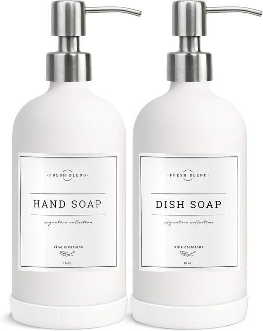 Vine Creations White Glass Soap Dispenser, 2 Pack Kitchen Soap Dispenser Set with Stainless Steel Pump, 16 oz Dish Soap and Hand Soap Dispensers for Bathroom with Waterproof Labels