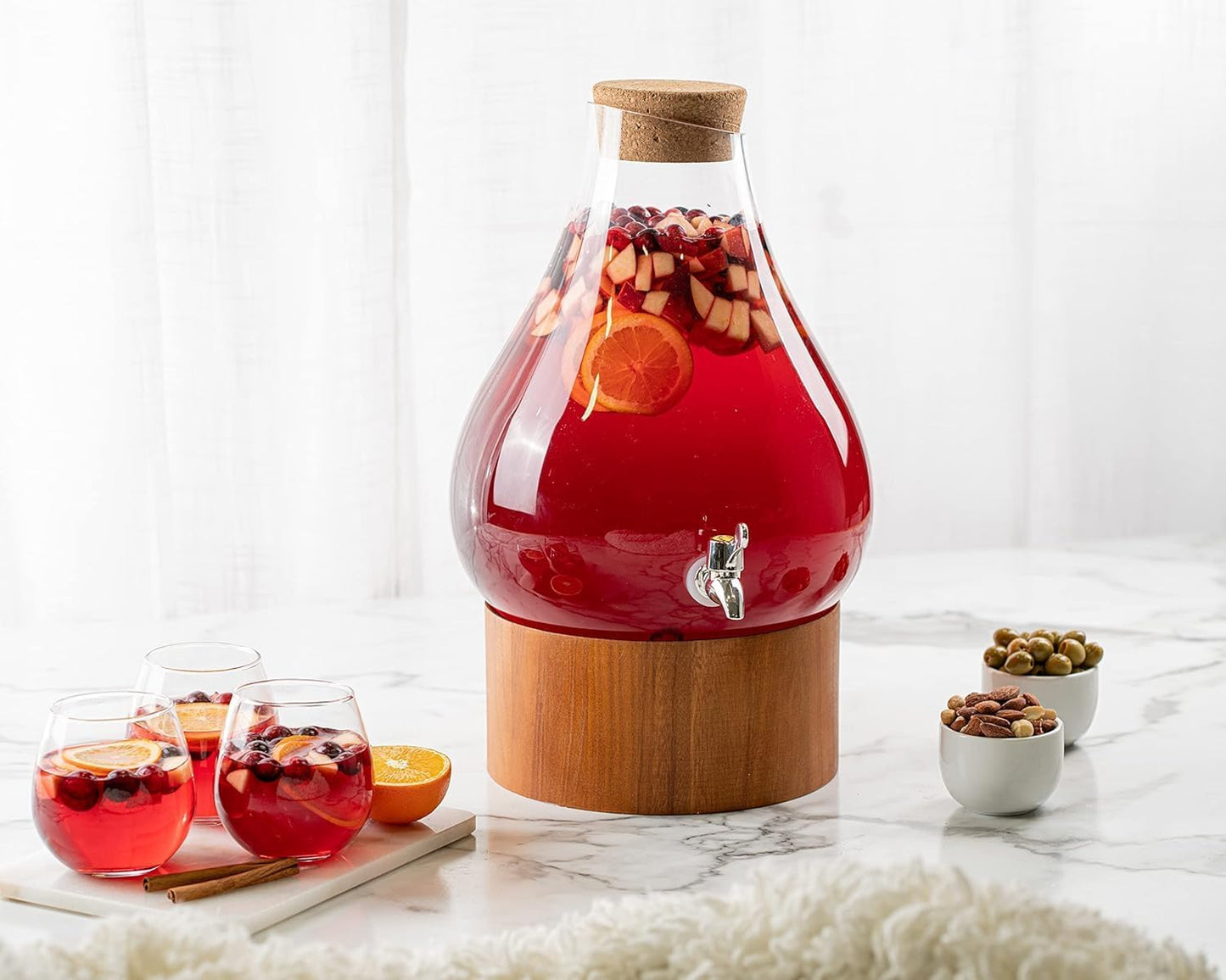 Classic Home Teardrop Clear Glass Ice Cold Beverage Drink Dispenser- 2.75 Gallon, With Cork Lid & Modern Wood Base Leak Proof Spigot- Wide Mouth Easy Filling For Outdoor, Parties & Daily Use