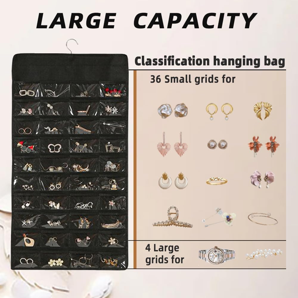 Hanging Jewelry Organizer Storage Earring Jewelry Storage Bag With 48 Pockets Necklace Bracelet Ring Glasses Accessory Display Rack (A48- Black)