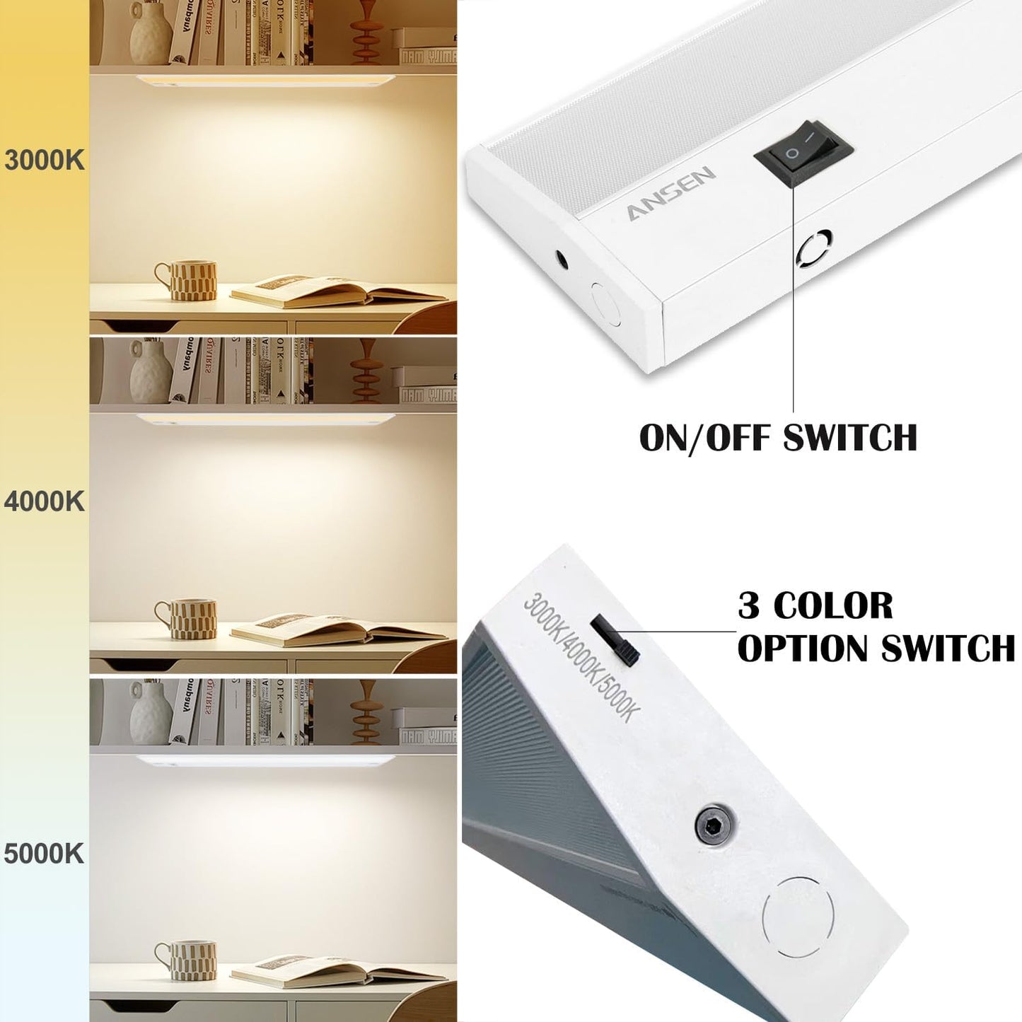 Ansen 3Packs of Under Cabinet Lights for Kitchen, 12in 10W 666LM, Dimmable Hardwire Led Light for Closet, CRI>92, R9>90, 3 Color Temperature, 3000K/4000K/5000K(Warm White, Cool White, Daylight)