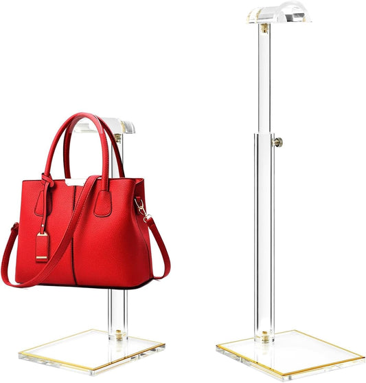 2Pcs Purse Display Stands, Height Adjustable10"-16"+14"-24", Acrylic Handbag Stands for Display, Clear Holder for Purse Evening Bag Clutch, Bag Table Rack, Purses Hanging Organizer for Closet Retail Vendor
