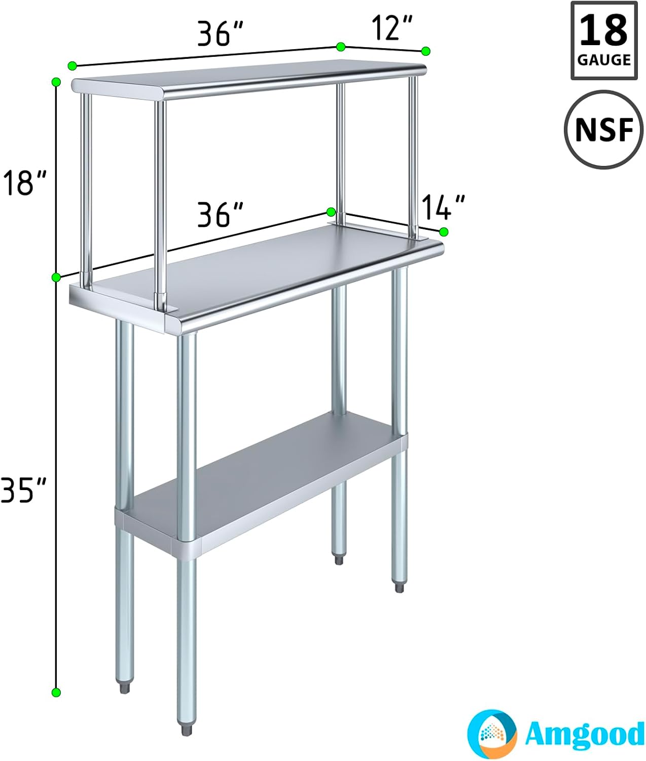 Stainless Steel Work Table with Wide Single Tier Overshelf | Metal Kitchen Prep Table & Shelving Combo (14" x 36" Work Table + 12" Overshelf)