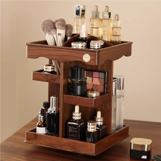 360° Rotating Makeup Organizer, Spining Adjustable Wooden Vanity Storage for Skincare, Perfume and Cosmetics for Countertop Organizer for Bathroom and Dresser