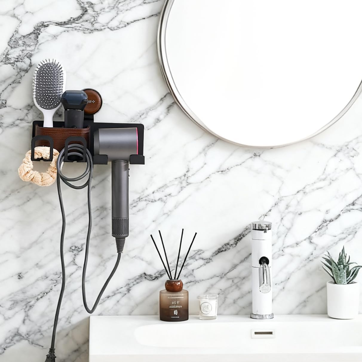 Hair Dryer Holder Wall Mount with Suction Cup, No-Drill Metal Blow Dryer Holder, Hair Accessories Tools Organizer Rack with 2 Toothbrush Hanger & Shelf, Walnut Finish for Bathroom
