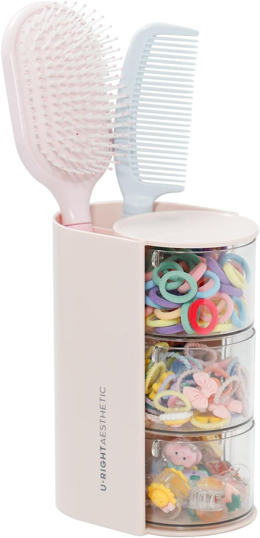 FABROK 3-Layer Clear Hair Accessories Organizer with Hair Brushes Holder, Rotatable Small Jewelry Box for Hair Clip Earring Necklaces, Desktop Organizer Case for Cotton Swab, Hair Accessories(Pink)