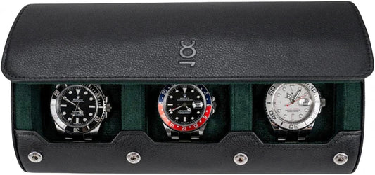 DailyWatch | Watch Roll Travel Case For 3 Watch | Luxury Watch Case In Genuine Black Leather With Soft Velvet Interior | Watch Case Protect, Store, & Display Your Watches | Black Green