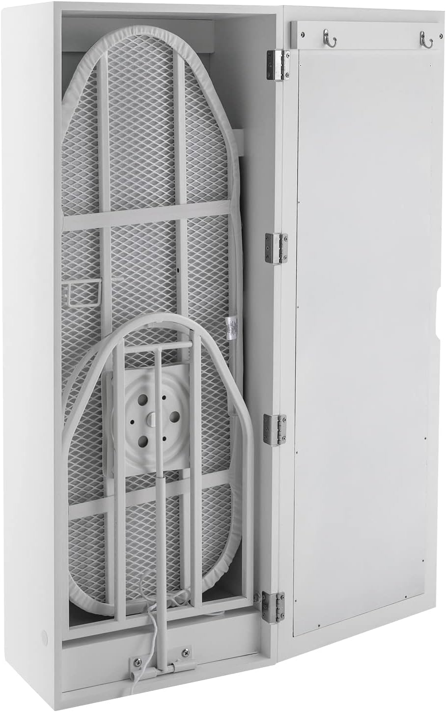 Space-Saving Wall Mounted Ironing Cabinet with Mirror – Rotating Ironing Board, 4 Shelves & 2 Hooks for Clothes Storage & Dressing, Ideal for Small Spaces, Apartments & RVs