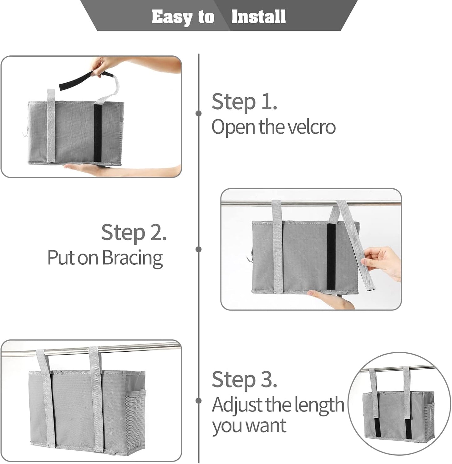 Bseash Bunk Bed Organizer, Bedside Caddy Hanging Bed Organizer Storage Bag with 4 Pockets and 2 Hooks, for College Dorm Rooms Bed, Hospital Bed, Baby Bed Rails, 600D Oxford Cloth (Gray)