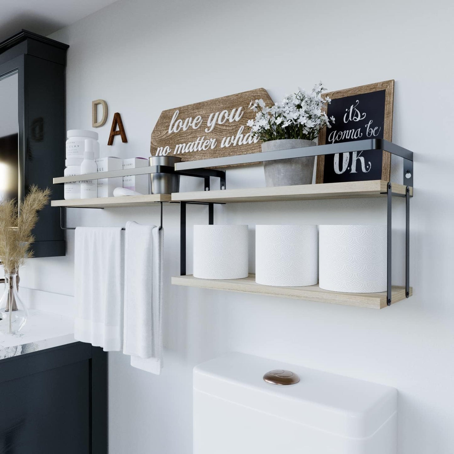 RICHER HOUSE 2+1 Tier Wall Mounted Floating Shelves Set of 2, Rustic Wood Wall Shelf with Metal Frame, Extra Storage Rack for Bathroom, Kitchen, Bedroom with Tissue Rack & Towel Bar - Rustic Wood
