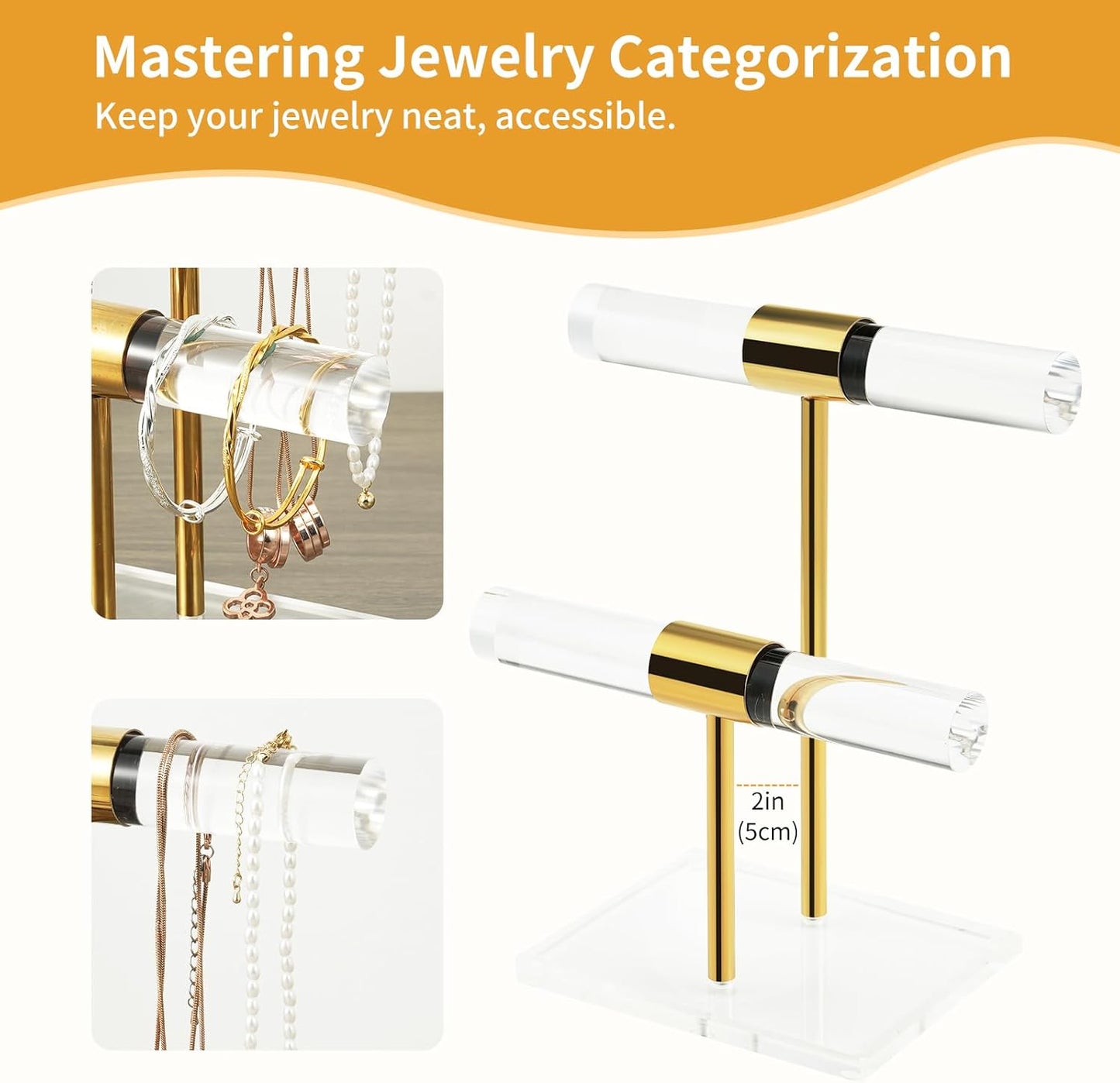 Acrylic Bracelet Holder, Necklace Holder Display Stand, 2 Tier T-Bar Jewelry Organizer, Stainless Rod Tangle-free Countertop Jewelry Rack for Vendors Retail Store Home, Gfit for Women