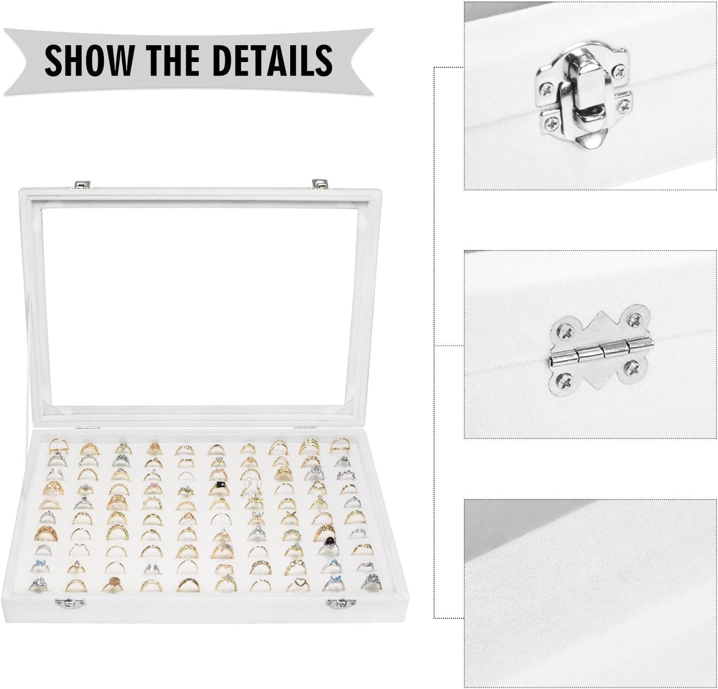 Velvet Ring Display Tray Organizer Box with Transparent Lid, 100 Slot Ring Holder Showcase For Store Display Jewelry Show Home, Ring Organizer For Rings Earrings (Ivory)