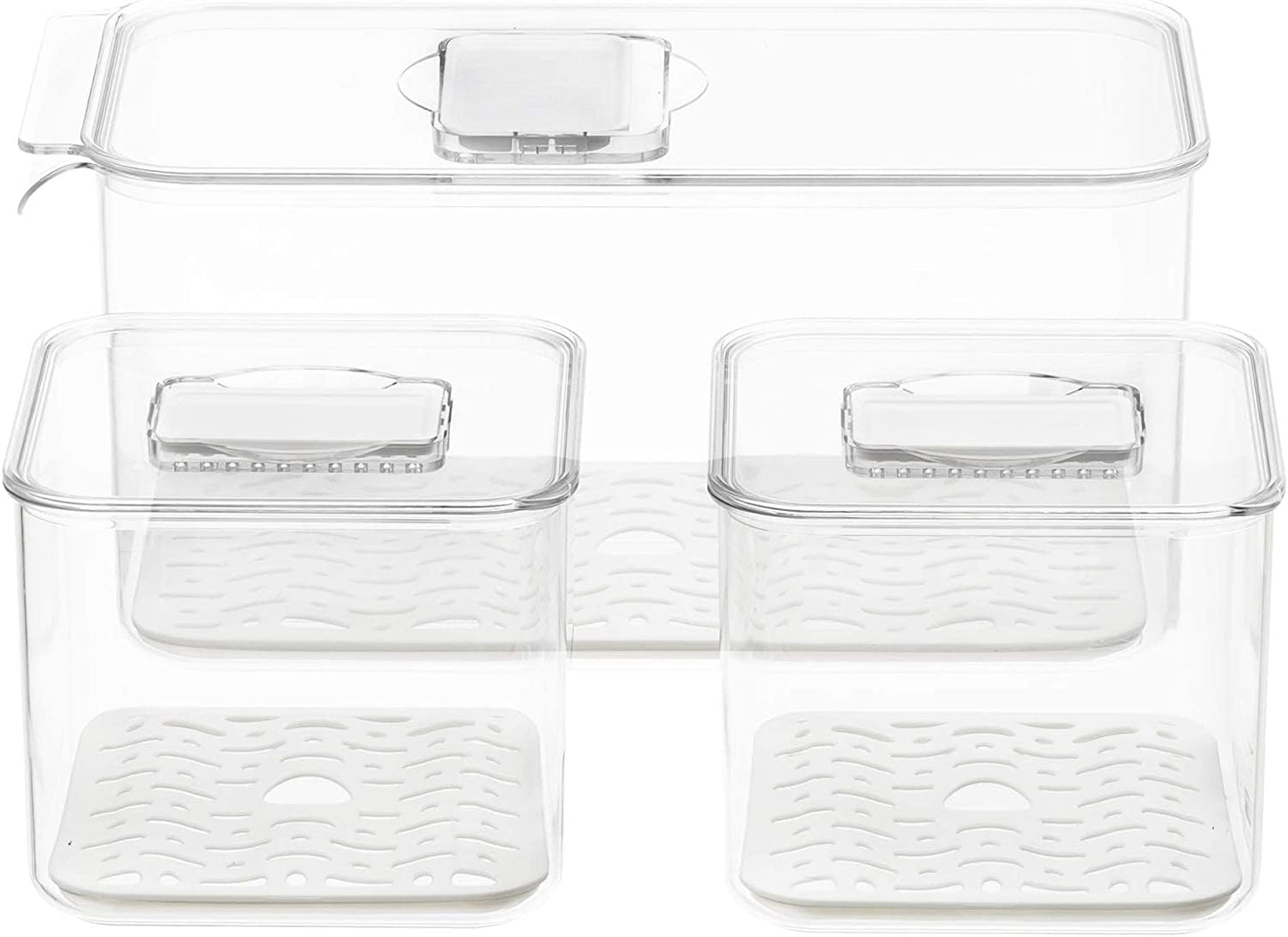 Slideep Food Storage Containers Produce Saver with Lids, Stackable Refrigerator Freezer Organizer Bins with Removable Drain Tray, Fridge Fresh Keeper for Veggie, Berry, Fruits, Vegetables 3 Pack