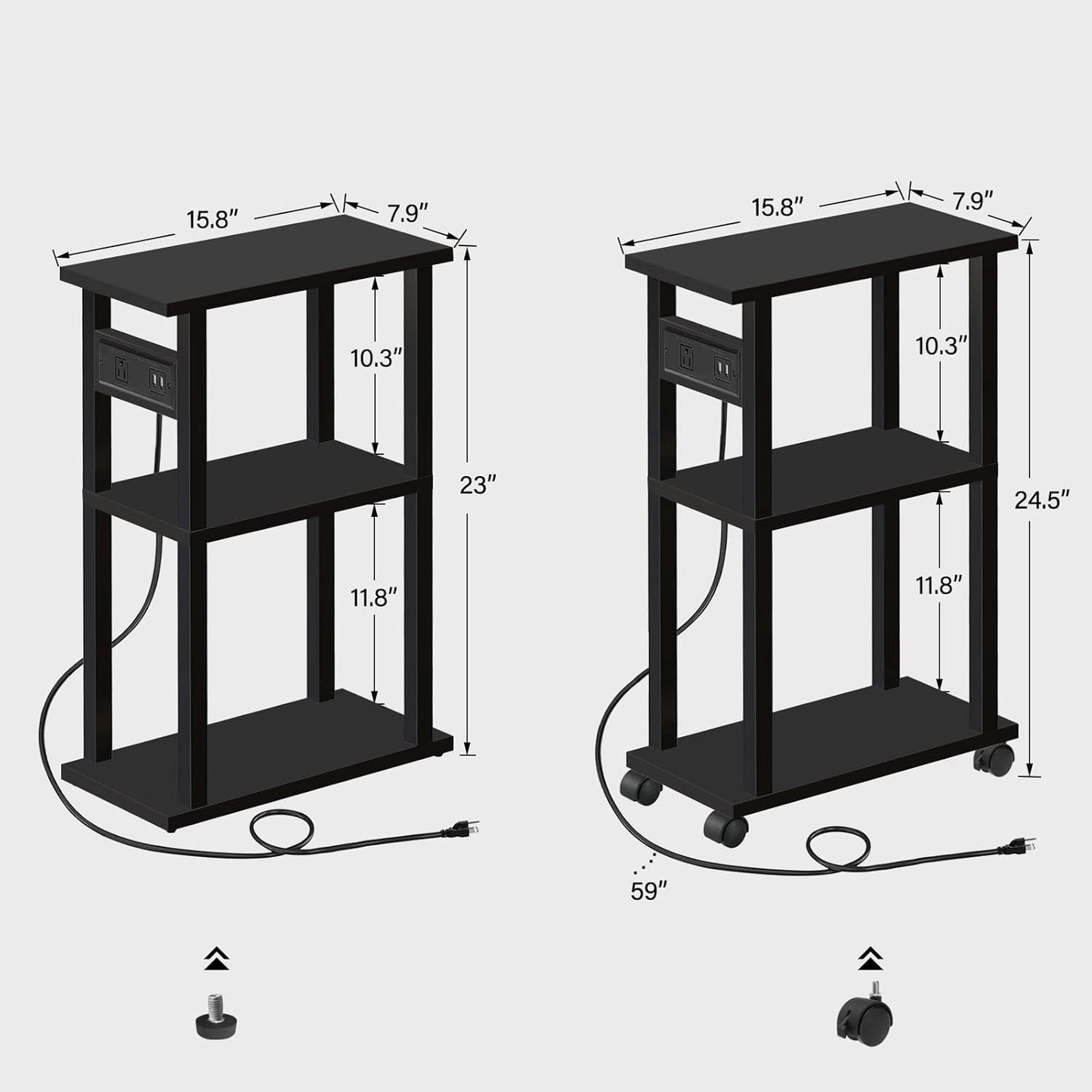 TUTOTAK Small Narrow Side Table with Charging Station, Skinny End Table for Small Spaces, Slim Nightstand with USB Ports and Outlet, Sofa Beside Table with Wheels, Black TB01BK046