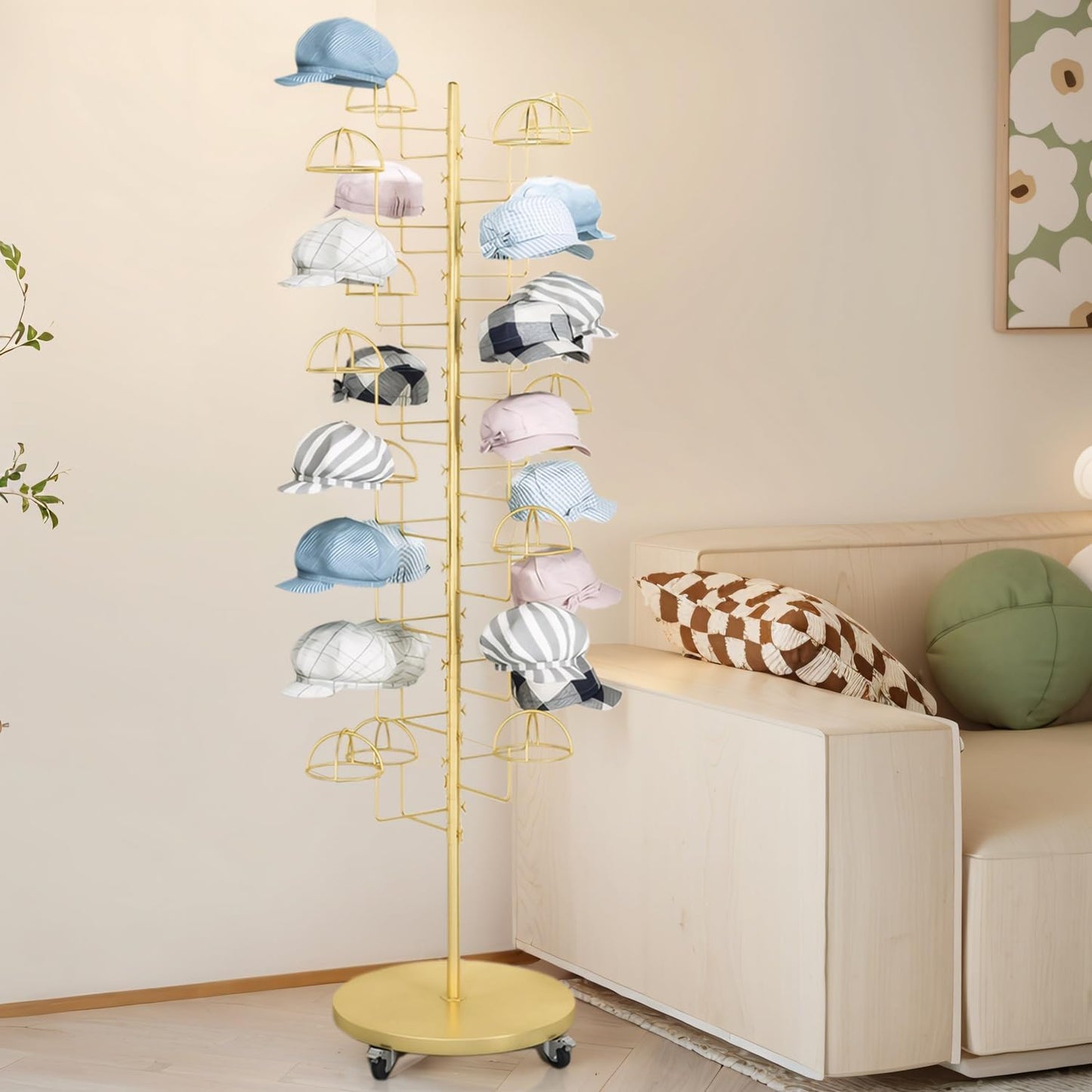 Gold Hat Display Stand, Commercial Hat Rack with 30 Hooks & Wheels, Freestanding Metal Cap Organizer for Retail Store, Home, 69 inch