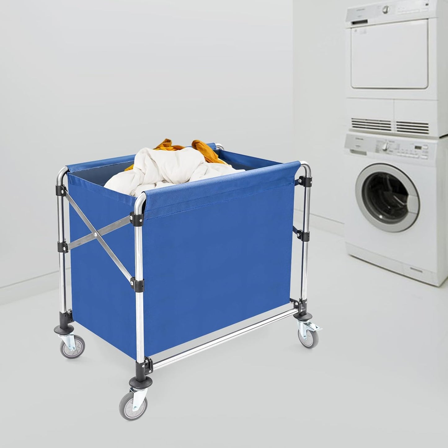 Commercial Laundry Cart with Wheels,Folding Laundry Hamper Cart,Heavy Duty Rolling Basket with Large Capacity, Sorter Trolley for Home Hotel Apartment (Blue, 34.25 * 20.47 * 30.7in)