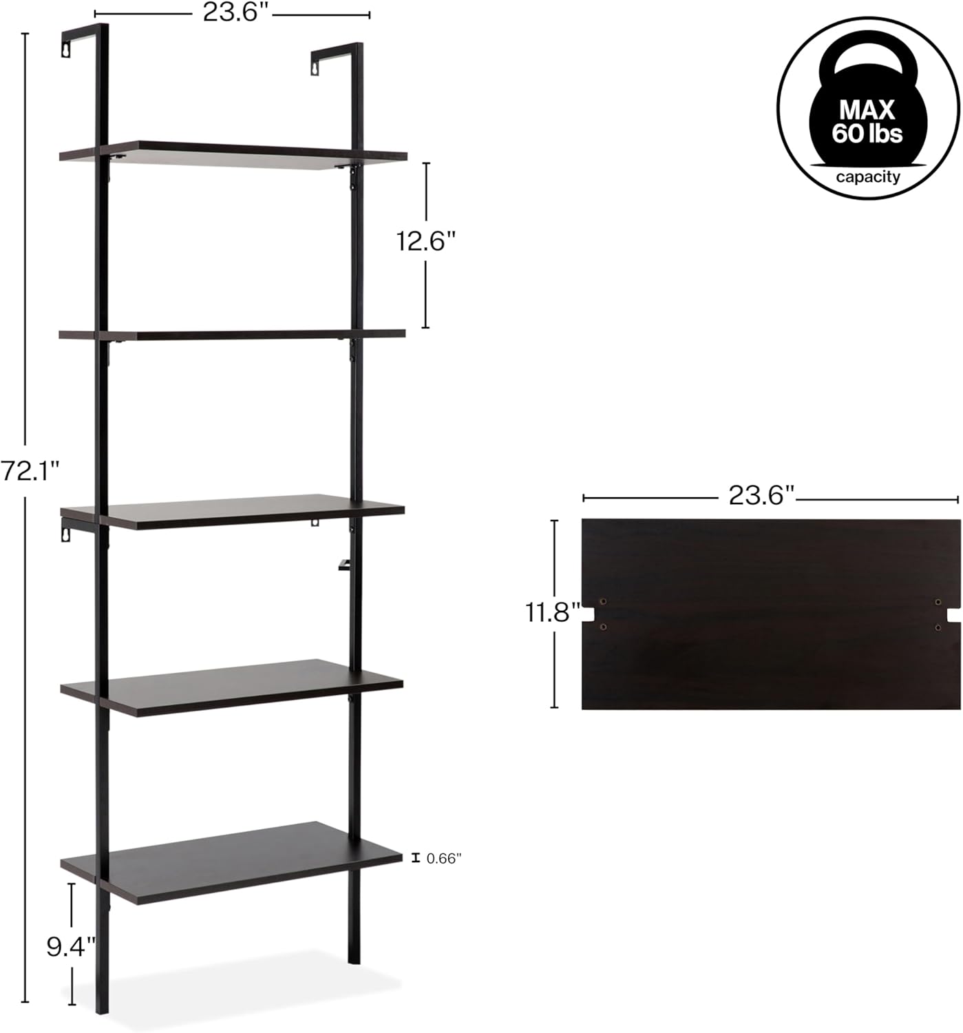 happimess MSH1001A Madera 72.05" Classic Industrial 5-Shelf Wood Wall-Mounted Open Ladder Bookcase with Metal Frame, Black