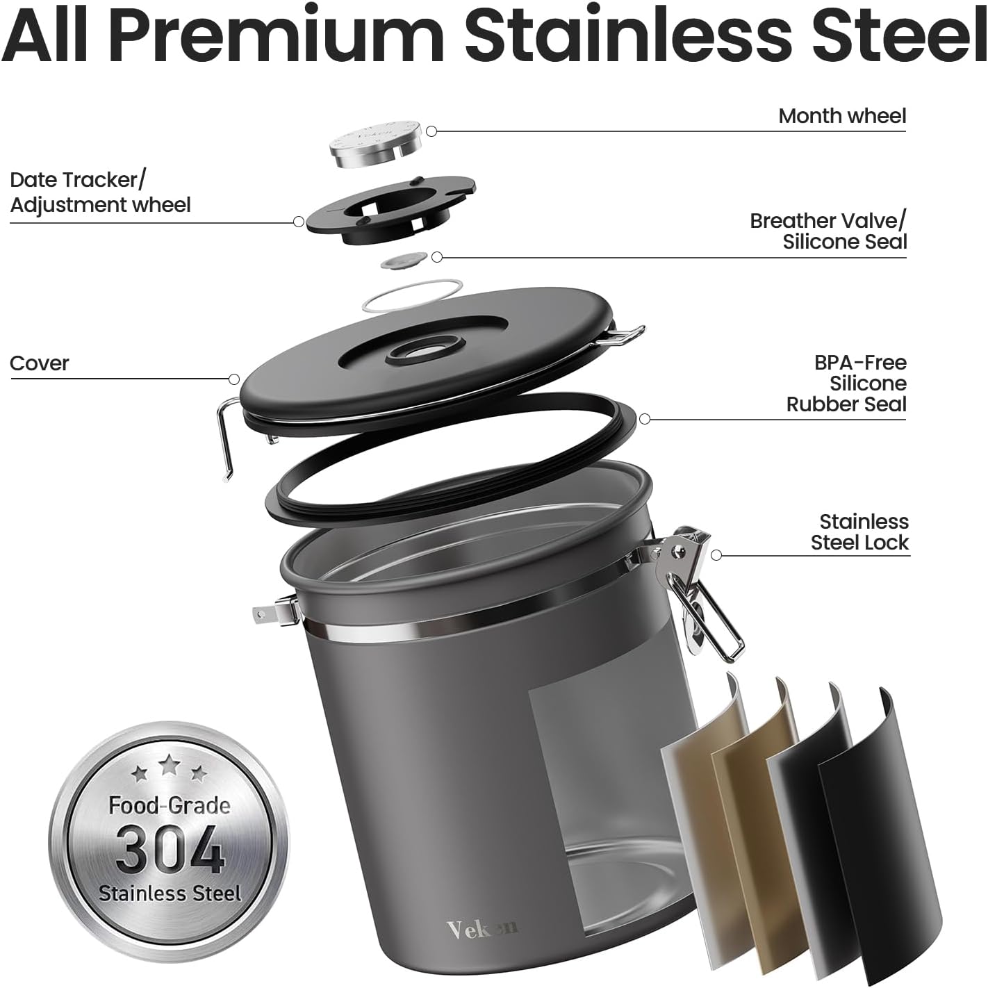 Veken Coffee Canister, Airtight Stainless Steel Kitchen Food Storage Container with Date Tracker and Scoop for Beans, Grounds, Tea, Flour, Cereal, Sugar, 16OZ, Gray