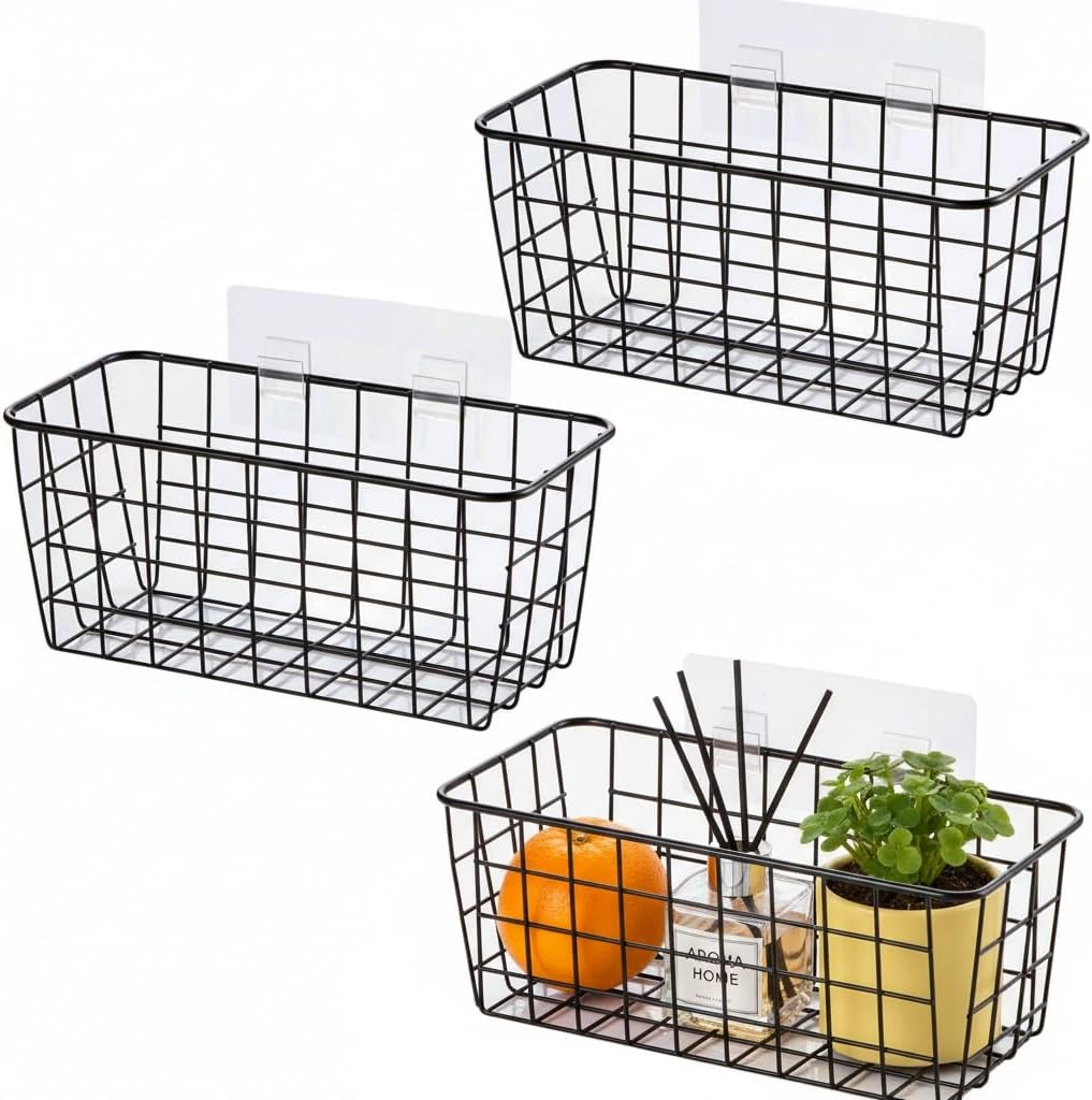 3 Set LeleCAT Adhesive Over the Cabinet Door Wire Baskets for Organizing for Kitchen Food Pantry Bathroom Shelf Storage No Drilling Wall Mounted,Black