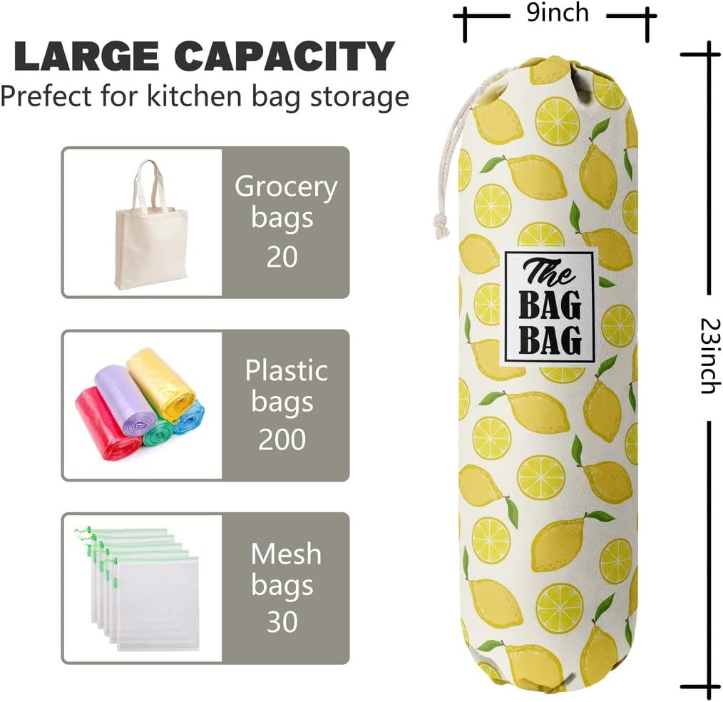 C-1 Lemon Grocery Bags Holder & Organizer - Wall Mount Plastic Bags Storage Container Dispenser - Kitchen Gifts For Women, Family & Friends