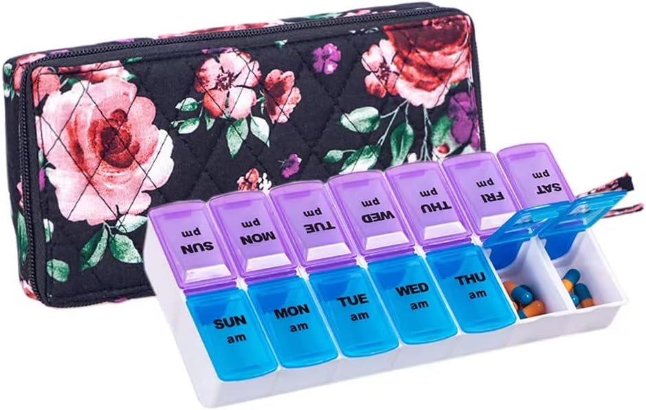 Weekly 7 Day Pill Organizer Case 2 Times a Day (AM/PM), Large Portable Cute Pill Box 7 Day for Vitamin&Medicine, Pill Case with Quilted Fabric Zipper Cute Bag for Travel or Daily