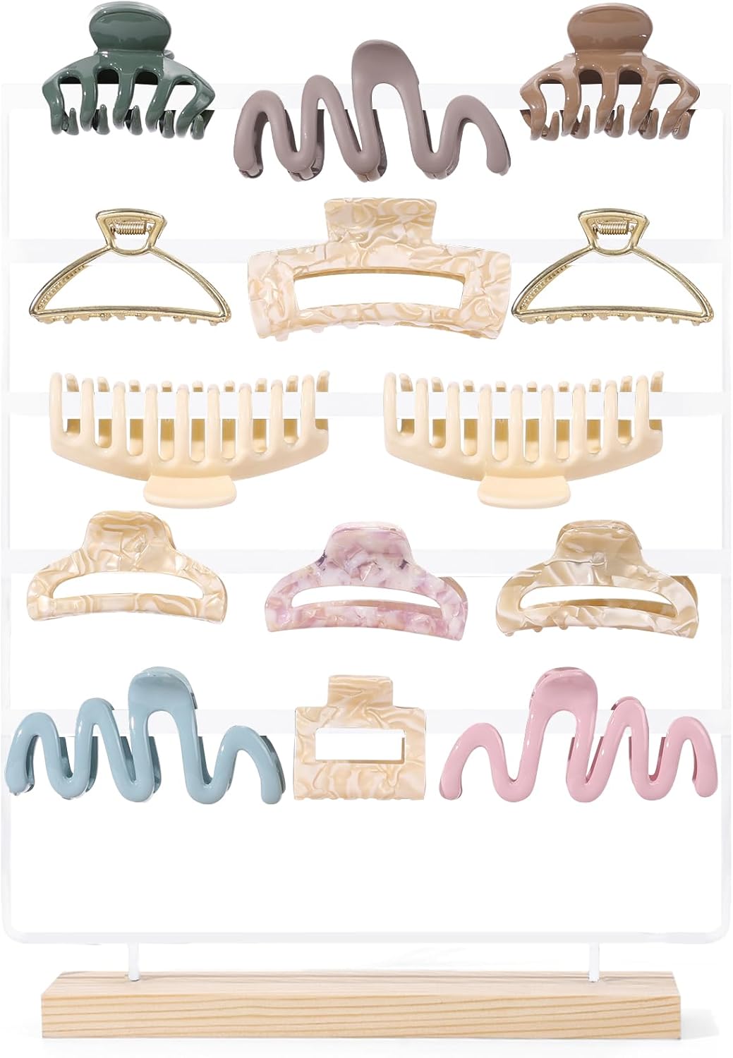 SNOWSTAR Hair Claw Clip Holder Organizer - 5 Tier Iron Rod Hair Clip Holder Storage for Women Girls, Wood Base Desktop Organizer