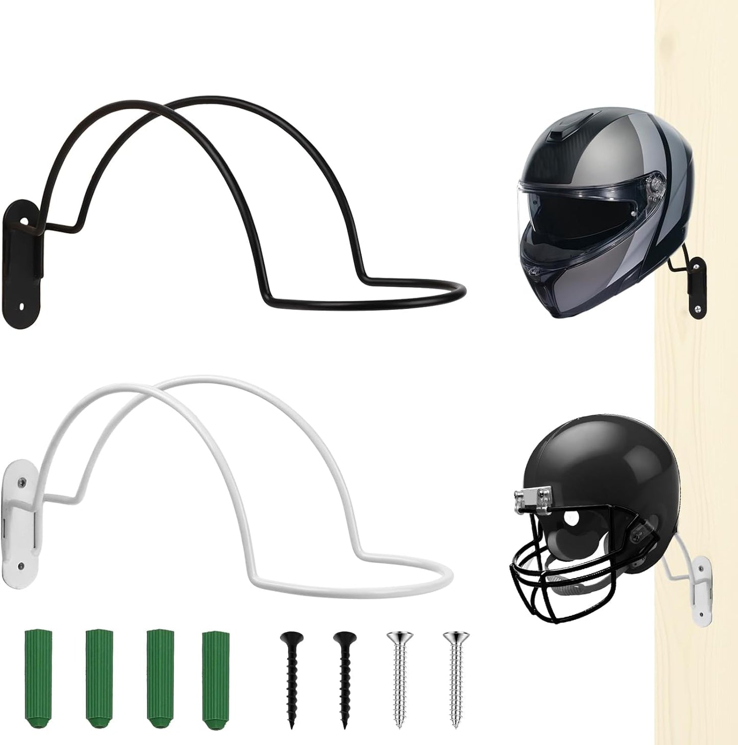 2 Pcs Helmet Rack Hanger Wall Mount Display, Helmet Holder Hooks Wall Mount for Equestrian Motorcycle Hat - White & Black