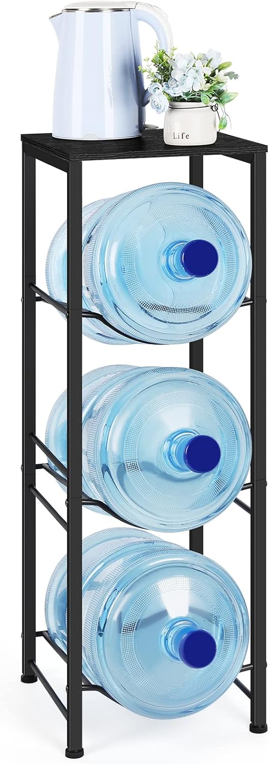 OYEAL Water Bottle Holder Organizer 5 Gallon Water Jug Stand with Shelves, 3-Tier Water Bottle Dispenser Stand for Kitchen Living Room Office, Black